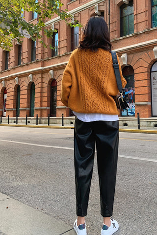 Elastic Waist Black Faux Leather Pencil Pants