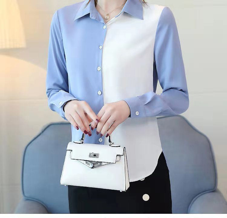 Langarm Elegante Farbkombination Büro Bluse Shirt 