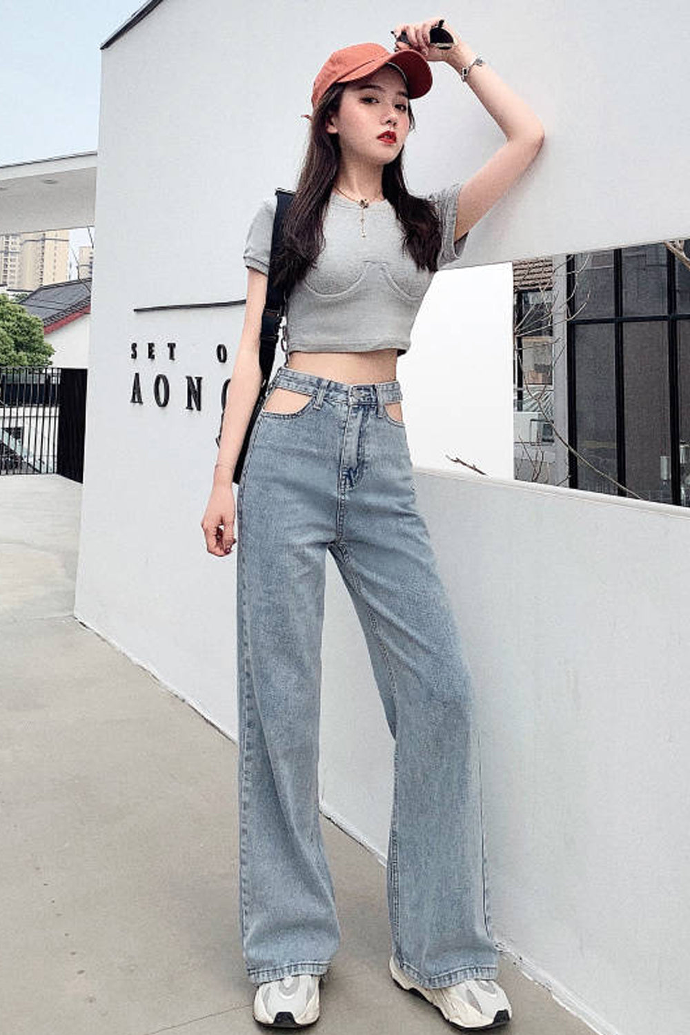 Casual High Waist Wide Leg Hole Jeans Pants