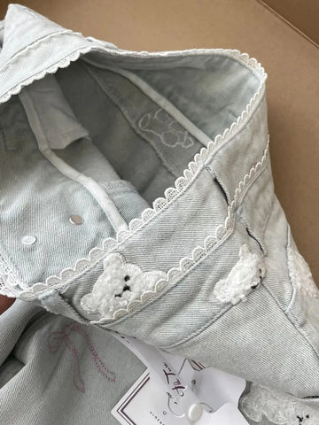 High Waist Bear Embroidered Lace Jeans Pants