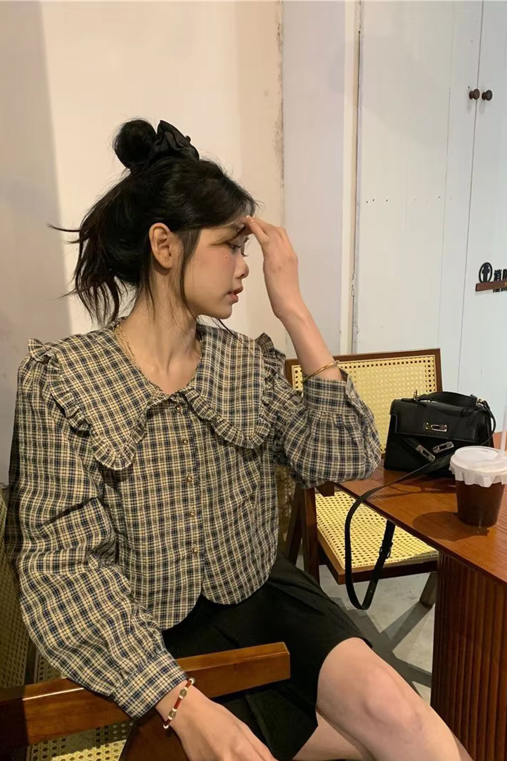 Long Sleeve Peter Pan Collar Retro Plaid Cropped Shirt