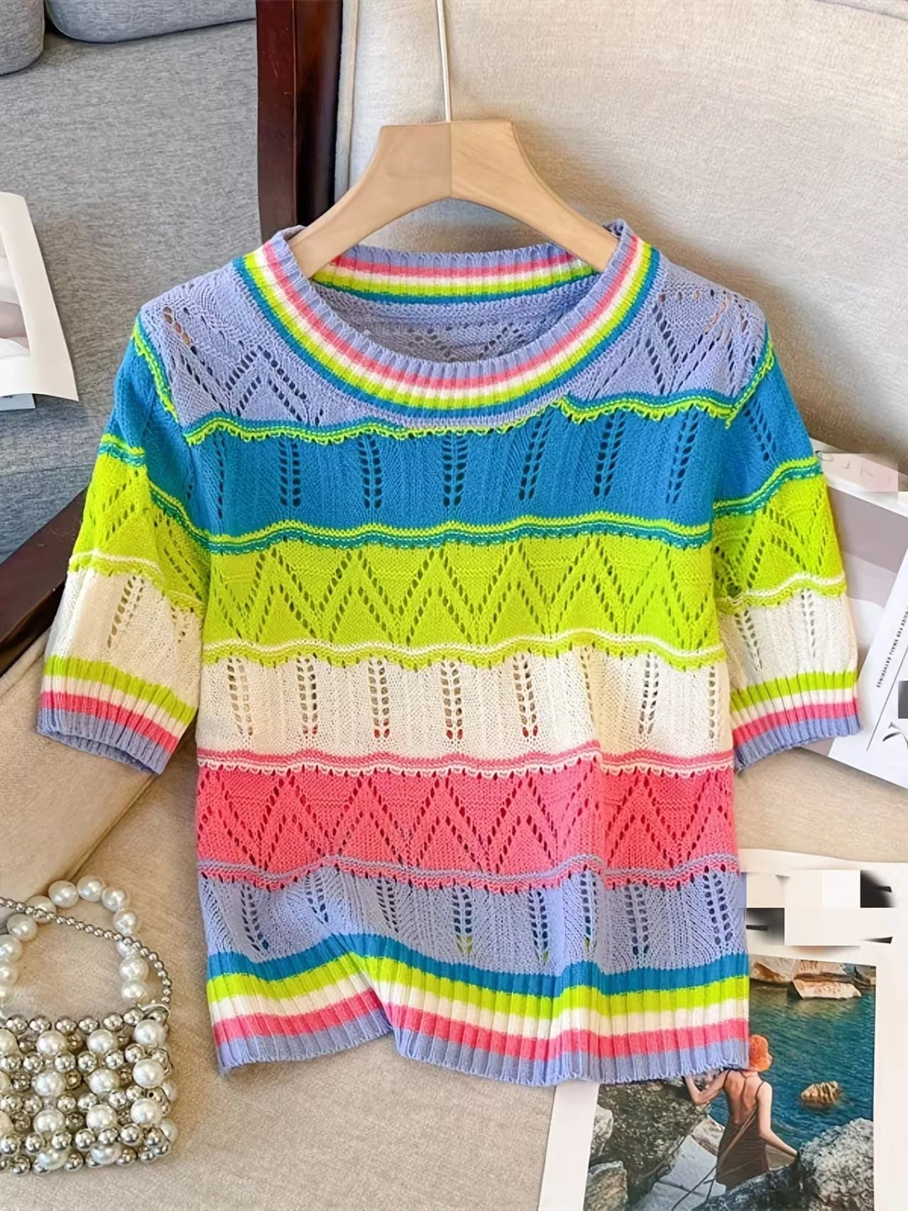 Short Sleeve Colorful Striped Knitted Slim Shirt