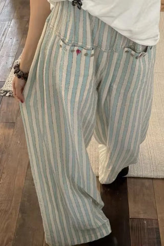 High Waist Vintage Green Striped Long Pants