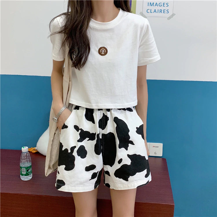 High Waist Cow Pattern Wide Leg Shorts Pants