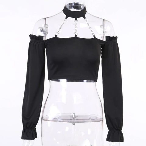 Chain Metal Off Shoulder Hanging Neck Shirt