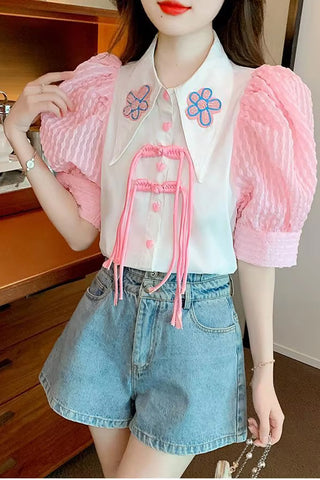Puff Sleeve Floral Collar Blouse Shirt