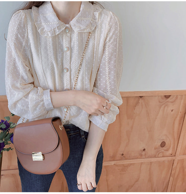 Blusa de gasa de manga larga con cuello de muñeca 