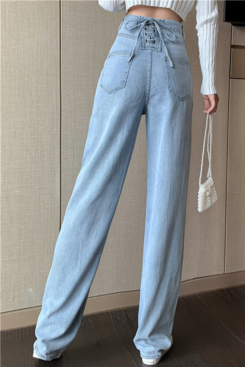 High Waist Rope Tie Long Jeans Pants