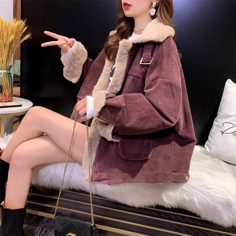 Loose Wool Thicken Zipper Corduroy Jacket