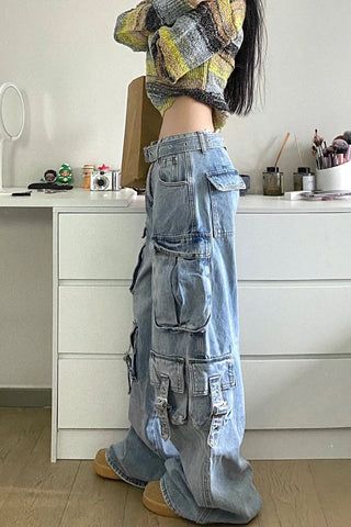 Wide Leg Multi Pockets Cargo Jeans Pants