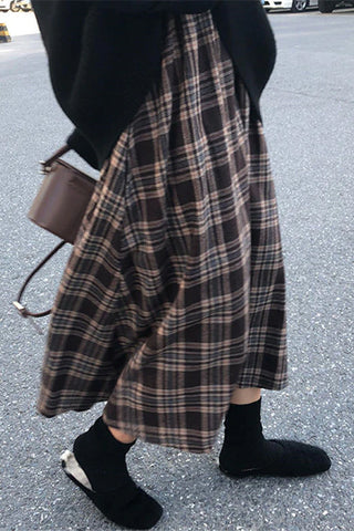 High Waist Brown Plaid Midi Skirt