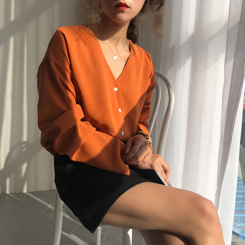 Chiffon Long Sleeve V-Neck Shirt