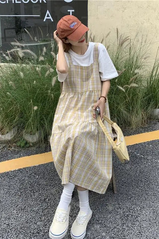 Square Collar Lovely Plaid Long Dress