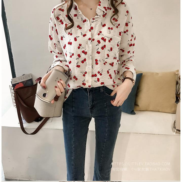 Cherries Full Printed Long Sleeve Blouse Shirt