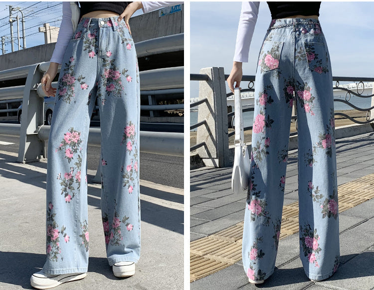 Pantalones vaqueros de pierna ancha con estampado de flores y cintura alta 