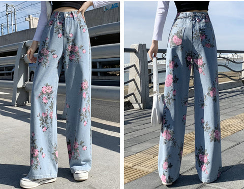 High Waist Flower Pattern Wide Leg Jeans Pants