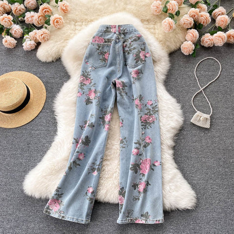 High Waist Flowers Printed Denim Jeans Pants