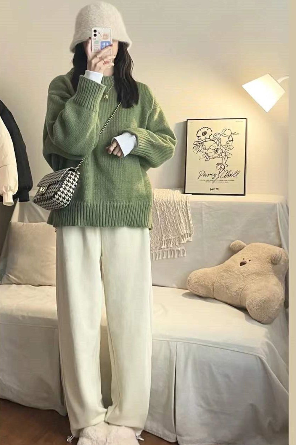 Green Basic Loose Knitted Crewneck Sweater