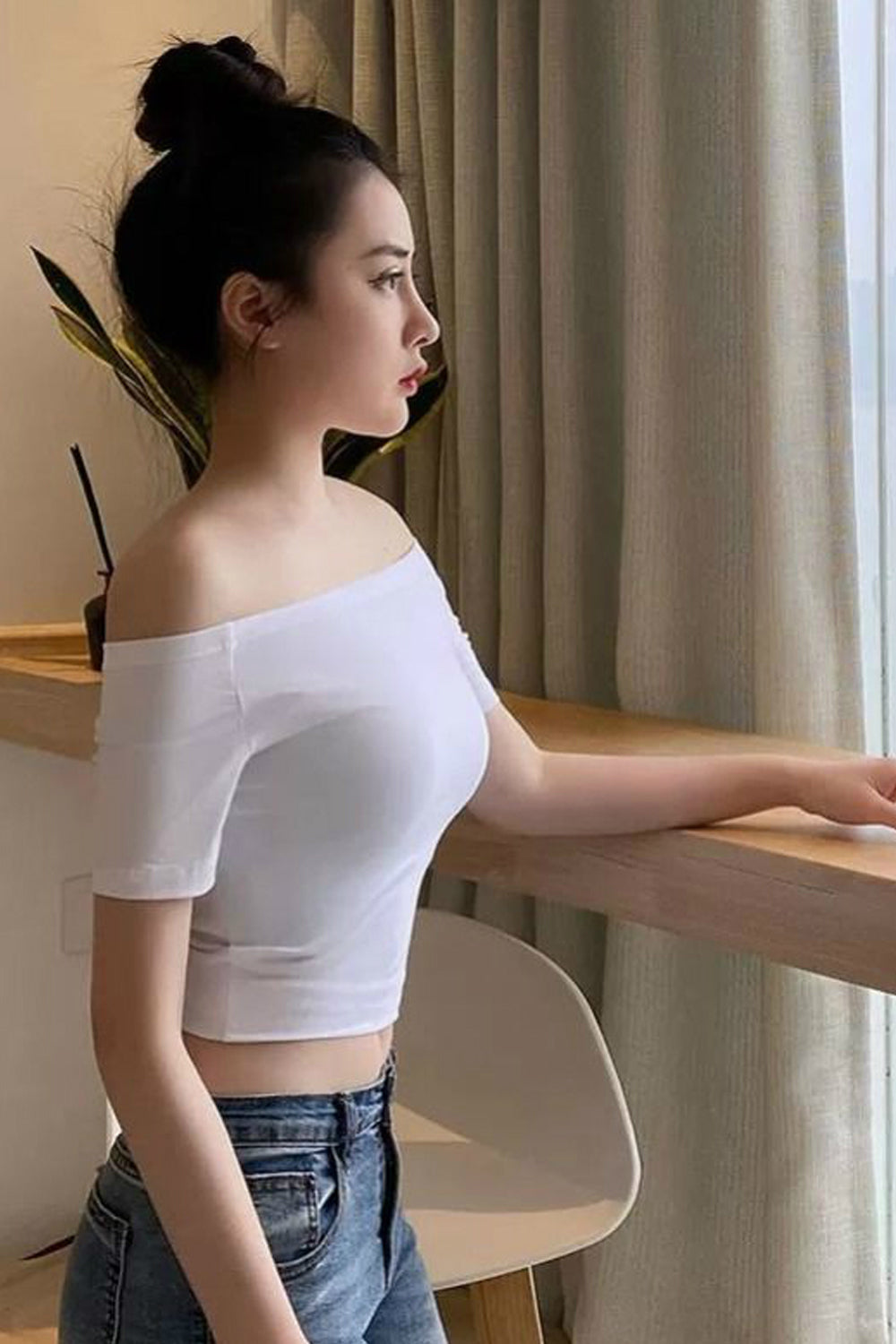 Sexy Skinny Slim-Shirts mit Schlitzausschnitt 