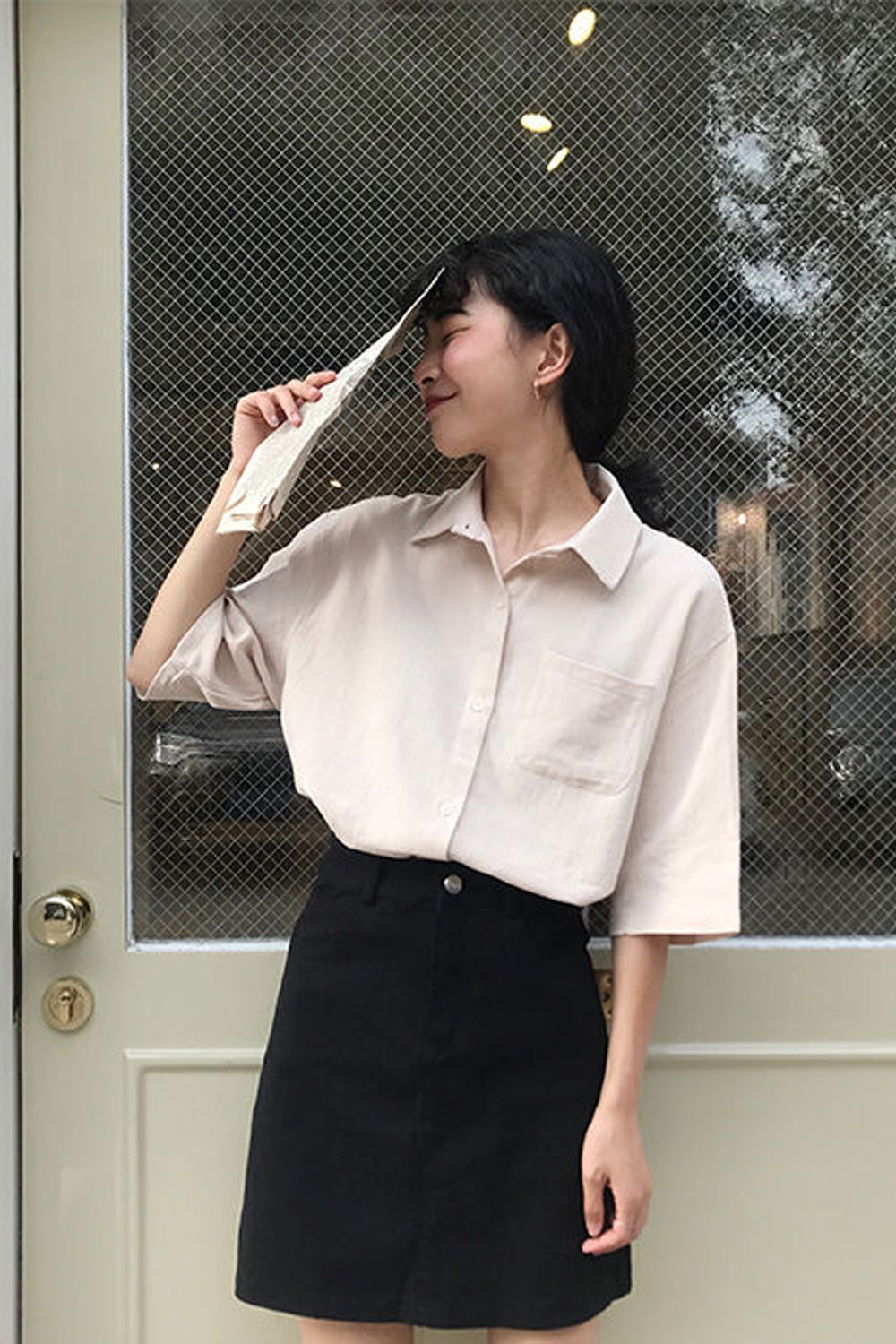 Halbarm Retro Apricot Bluse Shirts 
