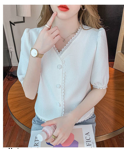 Casual Sweet Lace V-Neck Short Sleeve Blouse Shirt