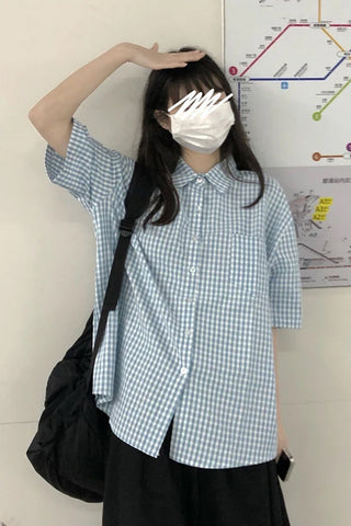 Short Sleeve Plaid Colors Blouse Shirt