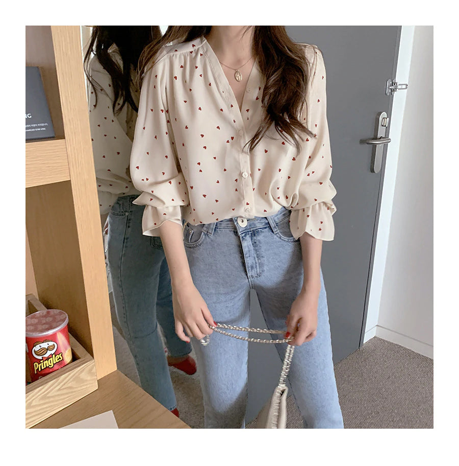 Heart Printed Elegant Blouse Shirt