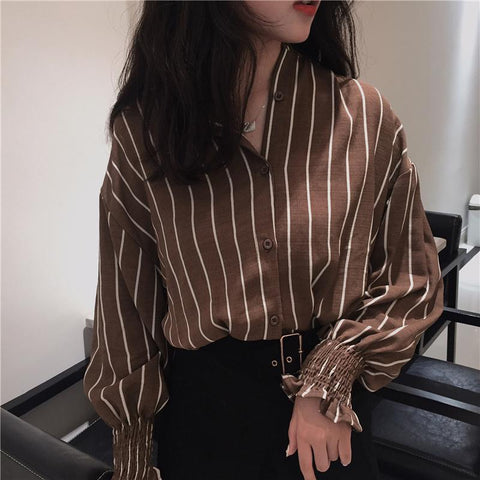 Vintage Striped Slim Stand Collar Shirt