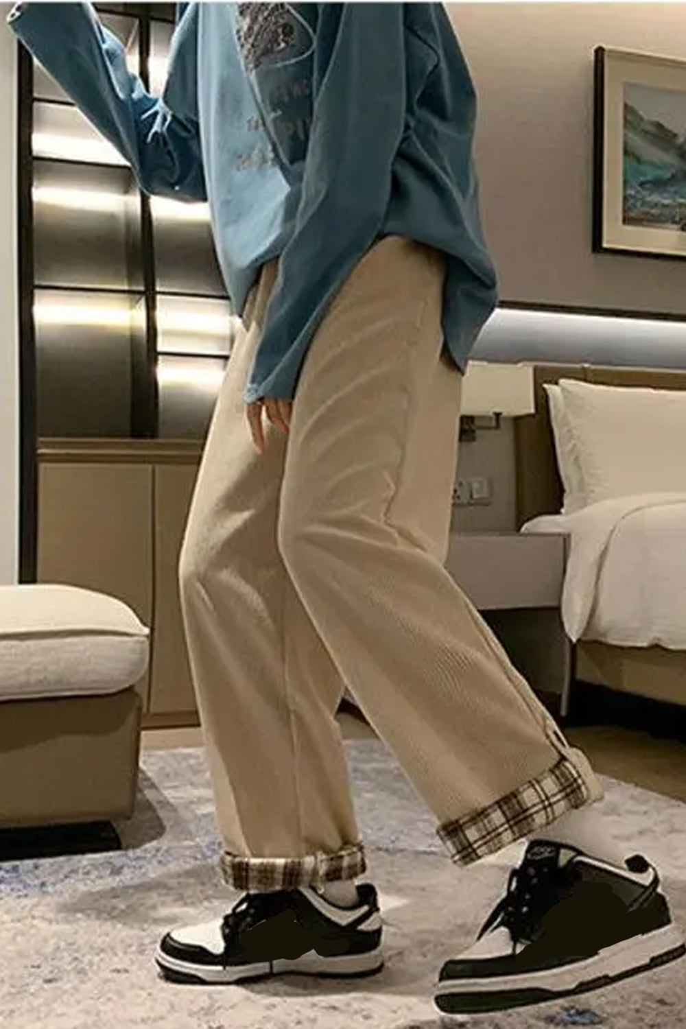 High Waist Back Side Plaid Corduroy Long Pants