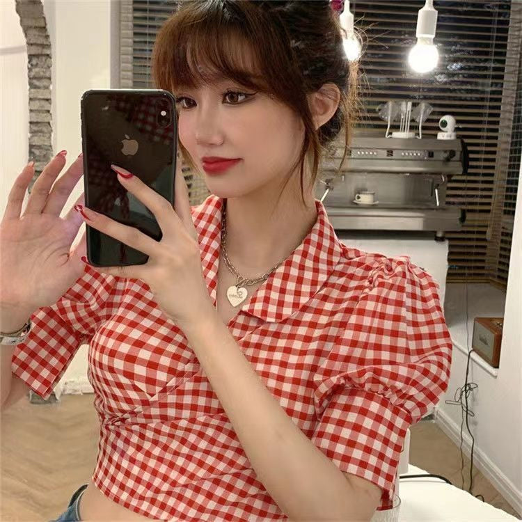 Puff Sleeve Retro Plaid Cropped Slim Shirts