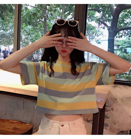 Cute Colors Striped Cropped Shirt