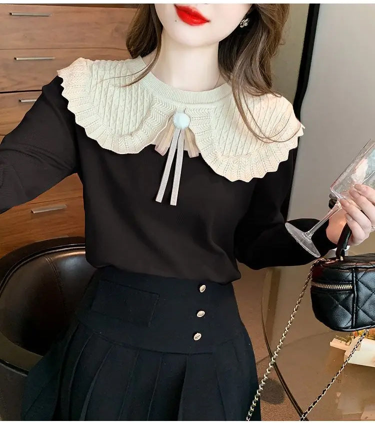 Bow Spliced Peter Pan Collar Slim Sweater