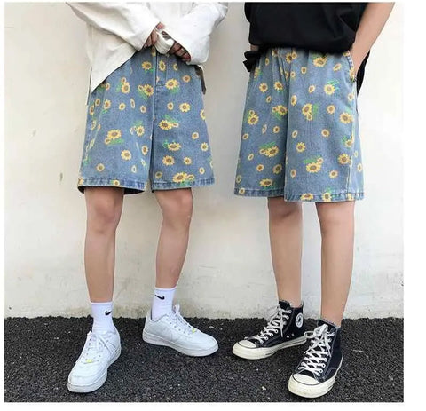 Casual Sun Flower Pattern Denim Men Shorts Pants