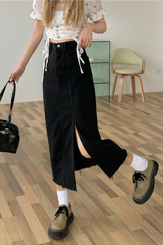 High Waist Vintage A-Line Black Denim Split Skirts