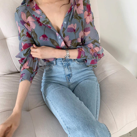 Thin Flowers Pattern Chiffon Blouse Shirt