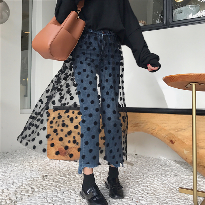 Jeans mit hoher Taille und Tüll-Polka-Dots 