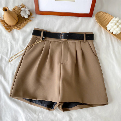 High Waist Thin A-Line Office Shorts With Belt