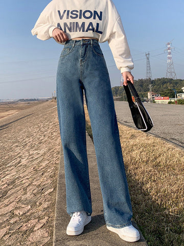 Jeans mit hoher Taille und weitem Bein in voller Länge im Vintage-Stil