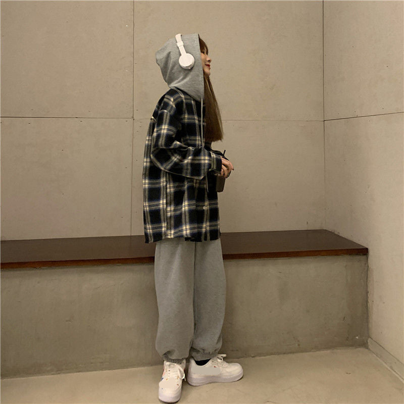 Vintage Hooded Plaid Combination Shirt