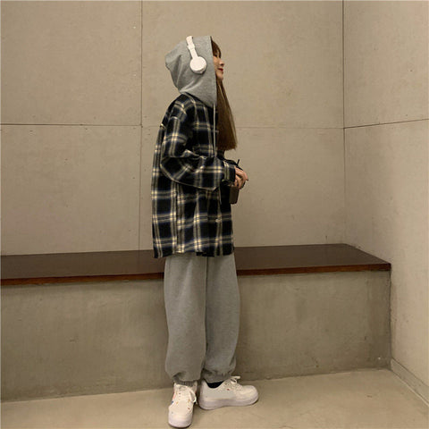 Vintage Hooded Plaid Combination Shirt
