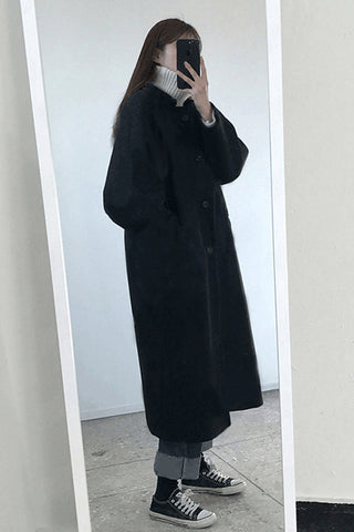 Simple Turn Down Collar Long Woolen Coat