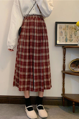 Solid Pleated Plaid Elastic Waist Long Skirts