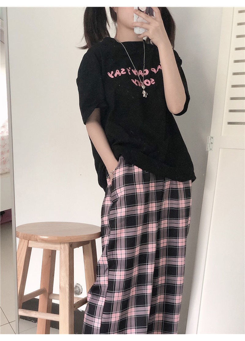 Black and Pink Plaid Loose Wide Leg Long Pants