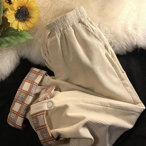 High Waist Plaid Back Side Corduroy Pants