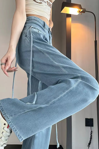 High Waist Cute Drawstring Long Jeans Pants