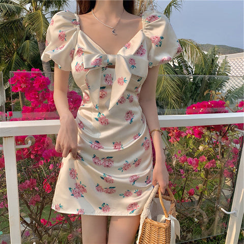 Sexy Pink Roses Floral Printed Bow Slim Dress