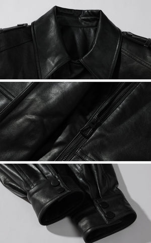 Cropped Leather Jacket with Epaulettes and Utility Pockets