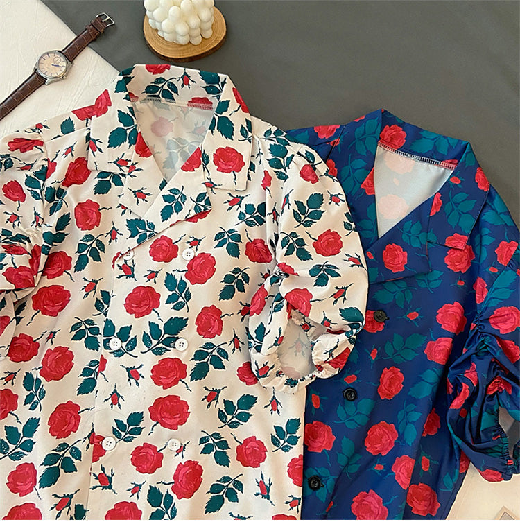 Rose Flower Pattern Short Sleeve Blouse Shirt