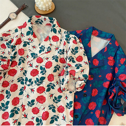 Rose Flower Pattern Short Sleeve Blouse Shirt