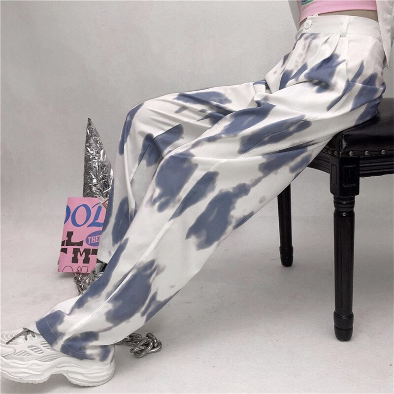 Pantalones casuales de cintura alta con efecto tie-dye